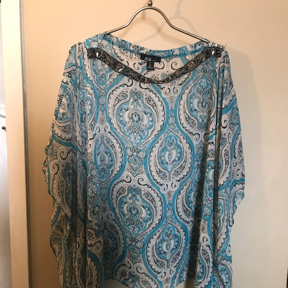 Blue printed top with jeweled  detail